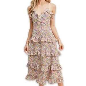 Lush Maxi Sundress Boho Tiered Ruffle Adjustable Straps Yellow/Lavender W L NWT